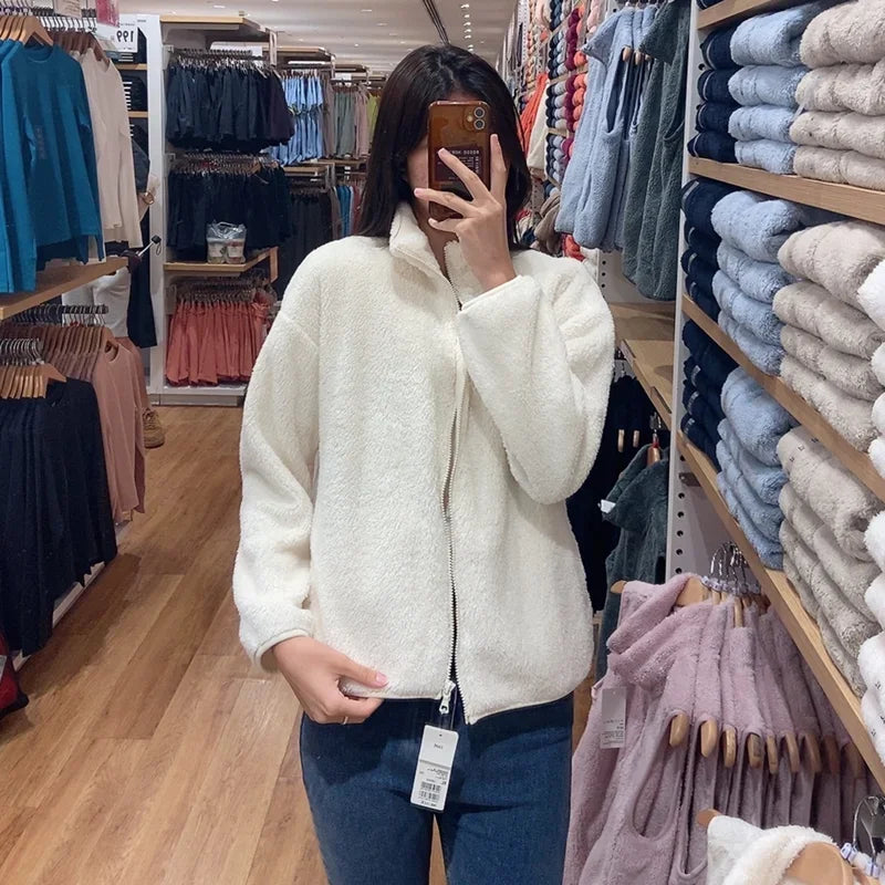 Autumn Winter Women's Long Velvet Fleece Zipper Sleeve Coat Warm/Coral Fleece Jacket Full Length Outerwear Comfortable Coat