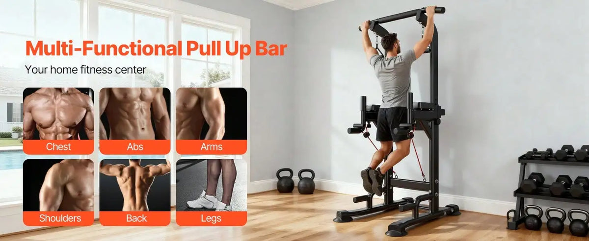Pull Up Bar, 330 LBS Power Tower Dip Station, Workout Dip Station/With H-Shaped Stable Base & Back Pad, Adjustable 12 Level Height