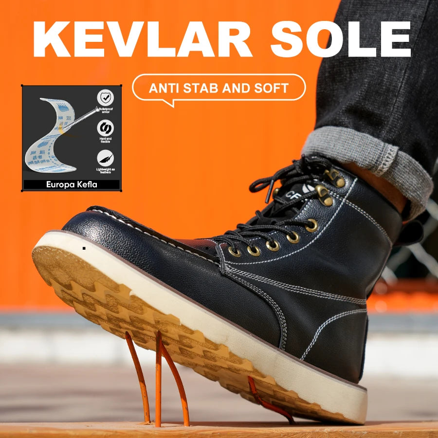 Two layer cowhide men's anti-smash/anti-puncture high top work safety shoes
