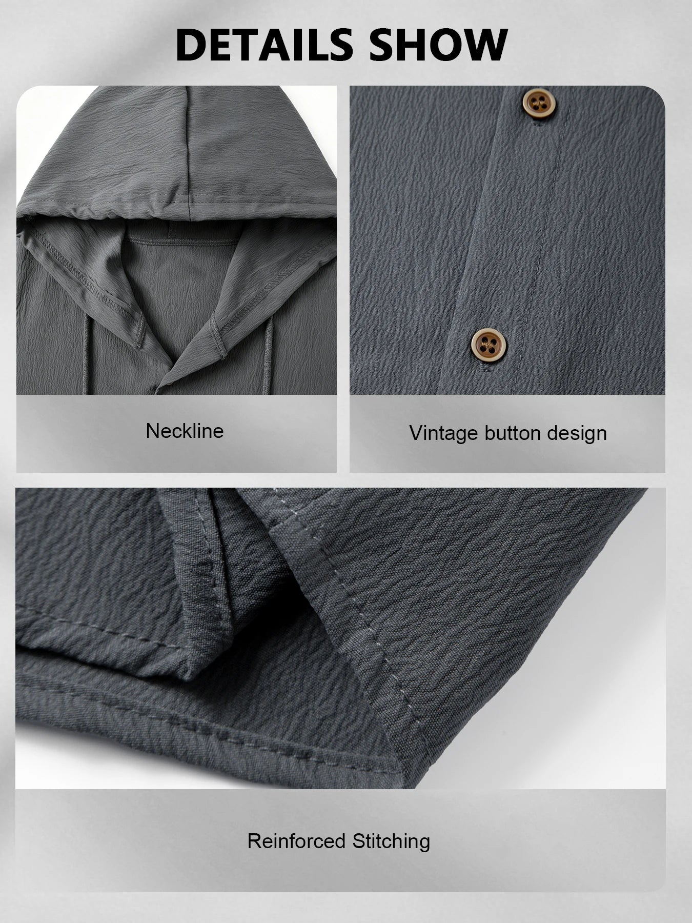 Men Hooded Button Down Shirt With Wrinkle Textured Long Sleeve Hoodie/Jacket Drawstring Hood Casual Loose Open Front Shacket