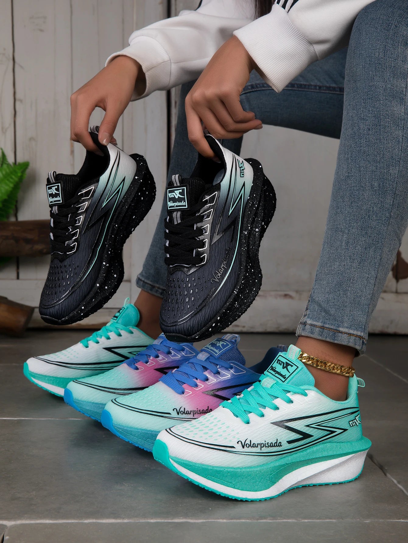 Women Gradient Lightning Print Running Sneakers Breathable/Flying Weave Mesh Light Cushion Non Slip Shock Absorb Athletic Shoes