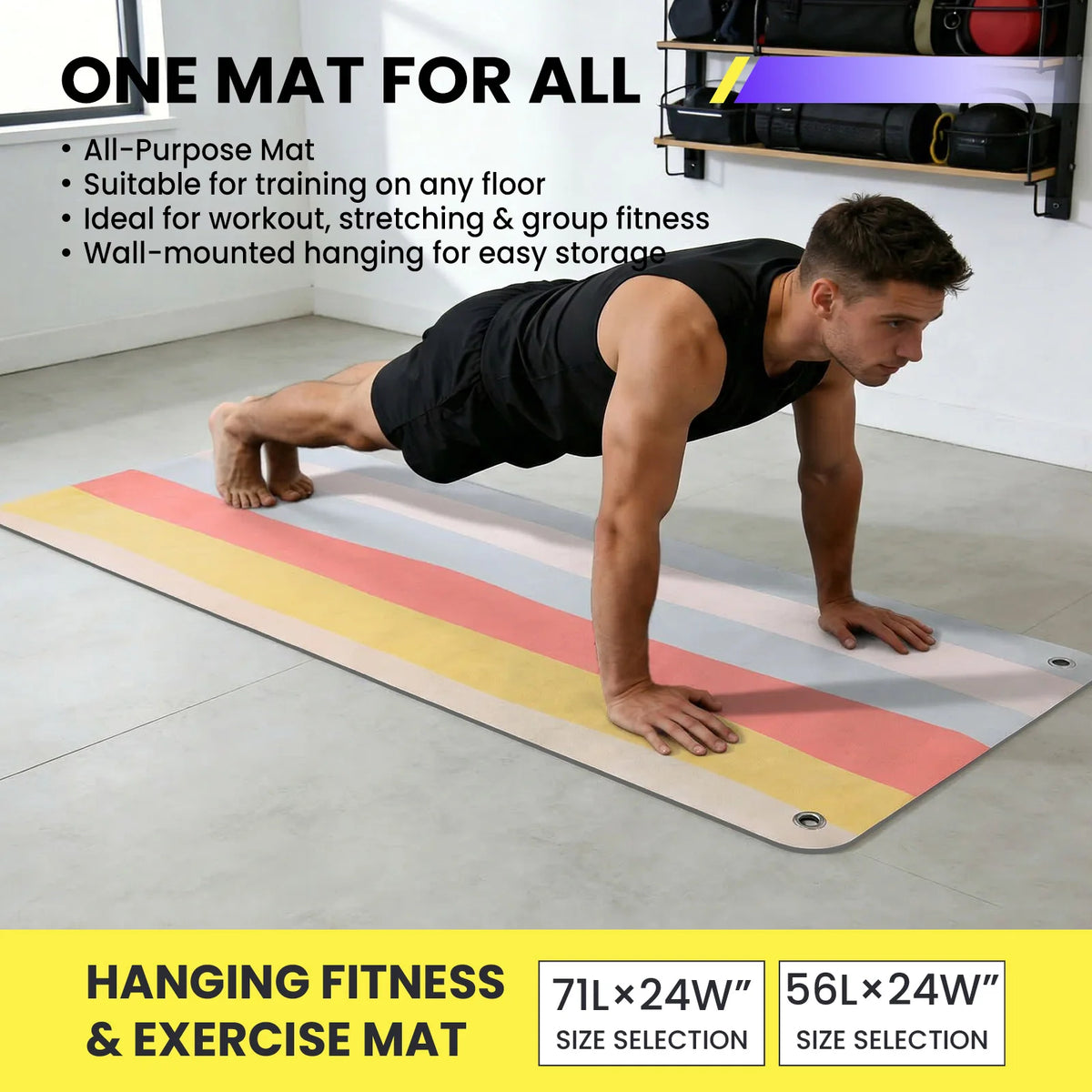 Hanging Fitness Exercise Mat, 71"×24" Non-Slip Foldable Workout Mat/with Metal Grommets for Yoga Strength Training Home Gym