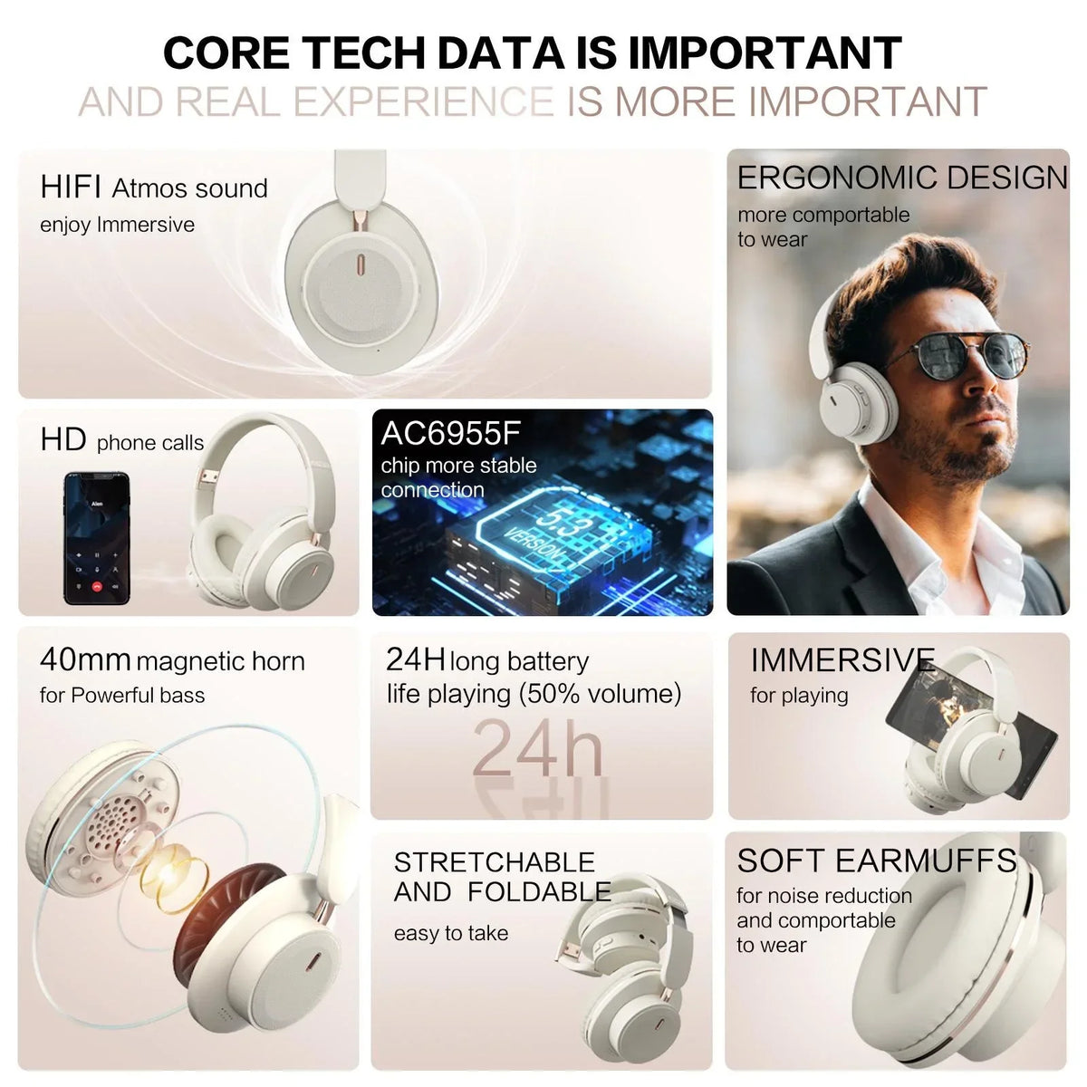 Bluetooth Headphones Wireless Headset Over Ear Foldable/Portable Fashion Aesthetic Design With 24H Long Battery Life