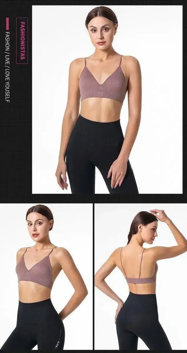 Women V Neck Seamless Triangle Cup Bra Camisole Breathable Gather Up/Chest Wrapped Underwear for Sports Fitness Yoga Casual