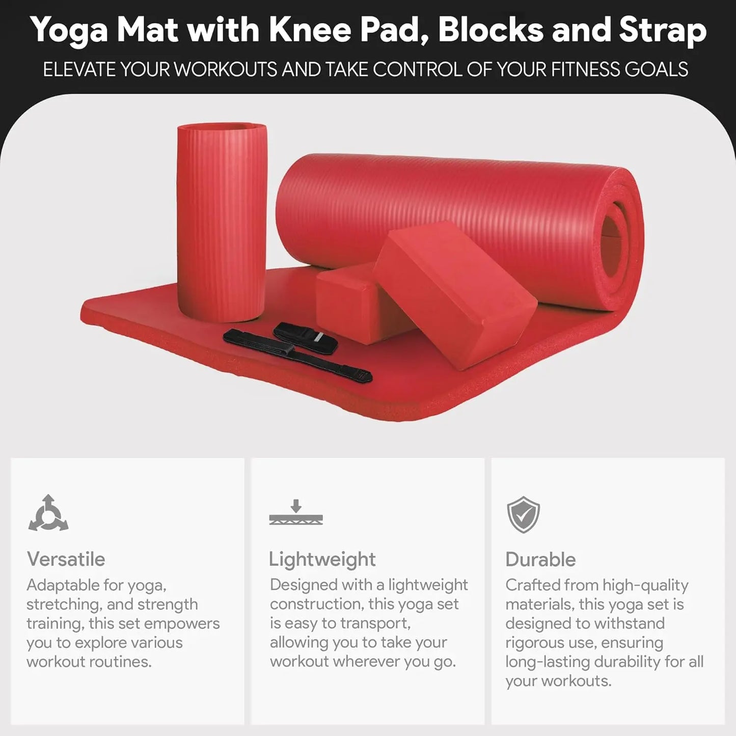 Exercise Yoga Mat for Home Workout/1” Thick, Optional Blocks & Knee Pad Yoga Mat