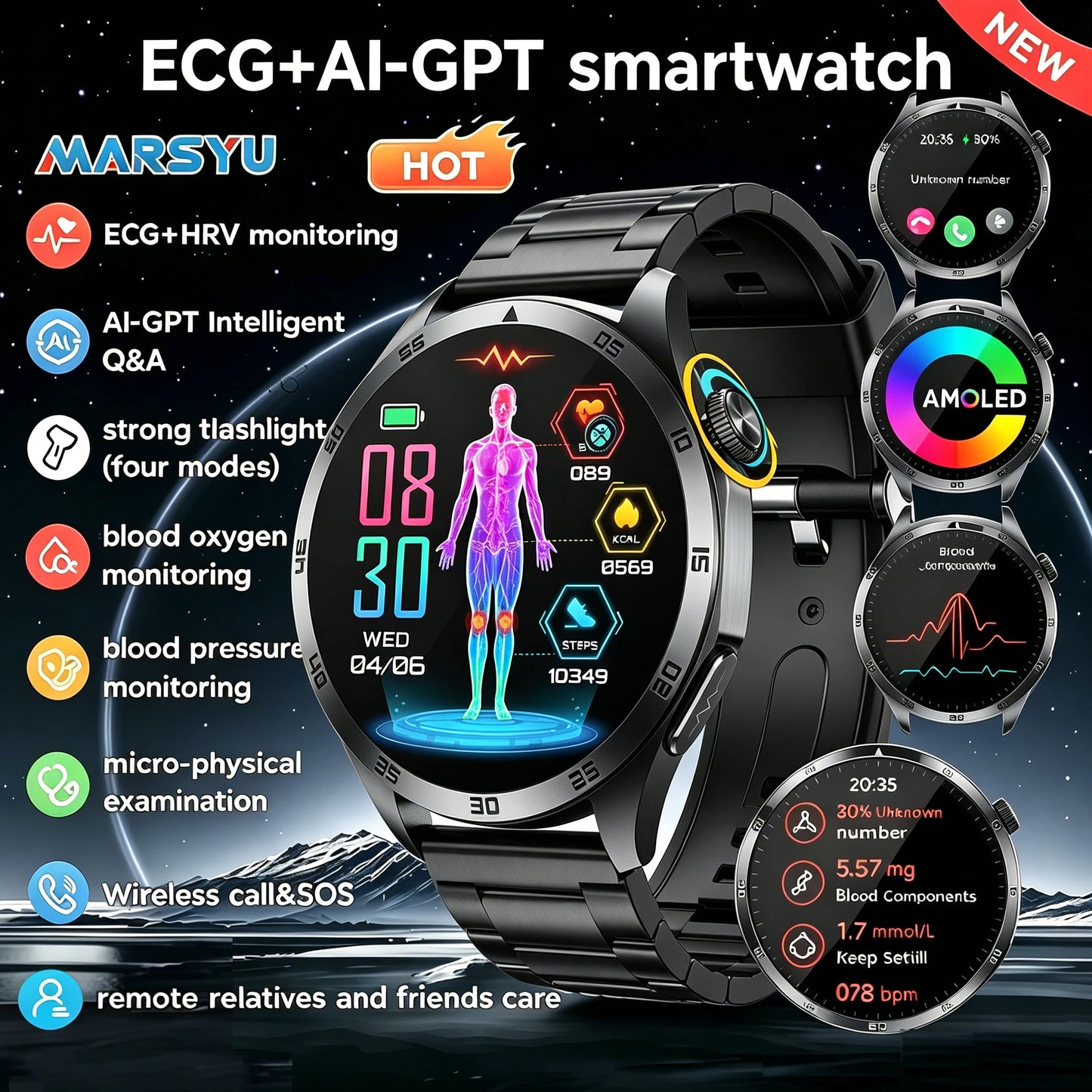 Marsyu 2026 New Nursing Grade Smart Watch ECG+PPG Blood Lipid/Blood pressure Uric Acid HD Bluetooth Call Clock Health Smart Watch