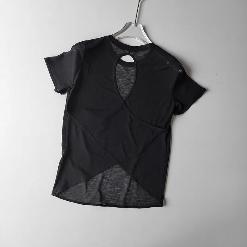 Women's Tight Sports T-shirt Quick Dry Short Sleeve Yoga T-shirt/Pilates Fitting Fitness Back Hollow Out Running crop top women