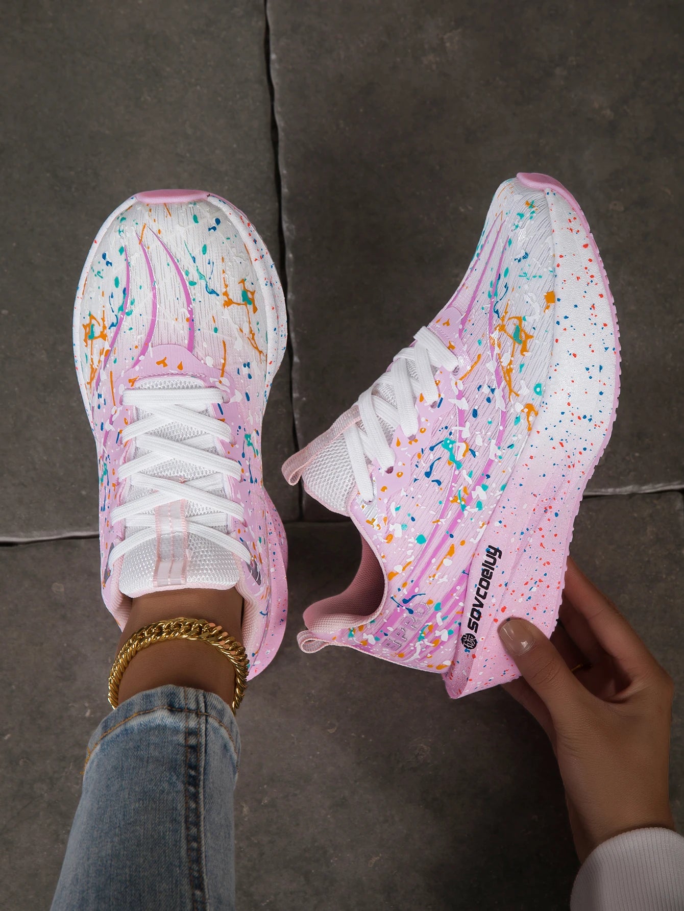 Women Splatter Paint Gradient Running Sneakers Breathable Flying Weave/Mesh Lightweight Shock Absorb Non Slip Fashion Athletic