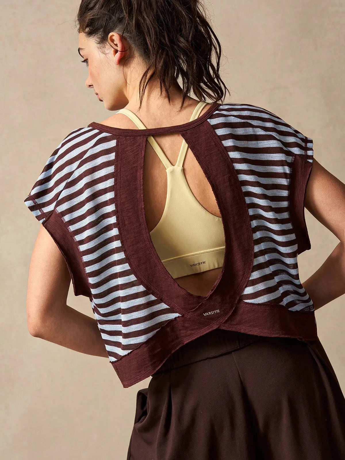 Women Striped Open Back Workout/Top Gym Crop Top Summer Active Wear Shirts