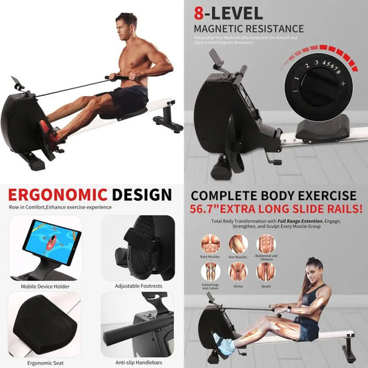 Adjustable Resistance Folding Rowing Machine with Digital Display/264 lbs Weight Capacity, Home Fitness Black and White