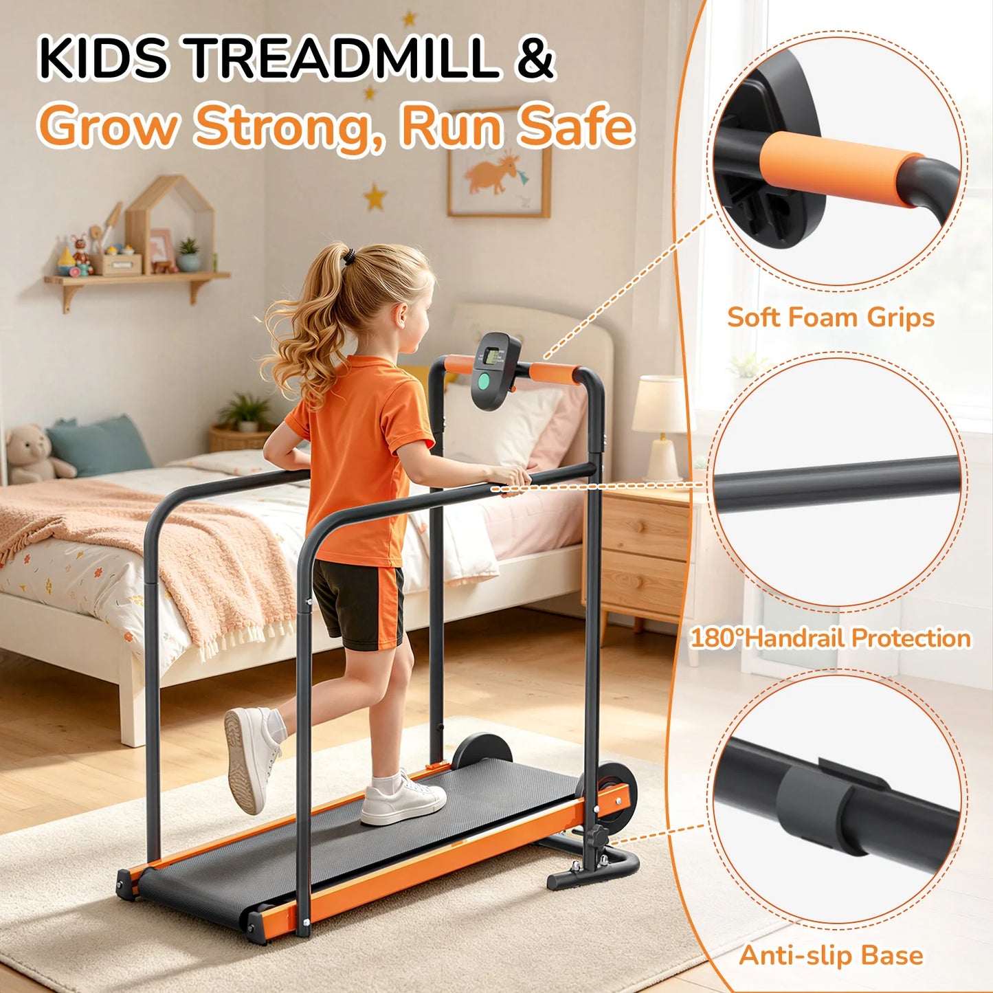 AKLUER Kids Walking Pad Treadmill Non-Electric Indoor Exercise Equipment for Boys & Girls Self-Propelled Fitness Toy with Front Padded Railing