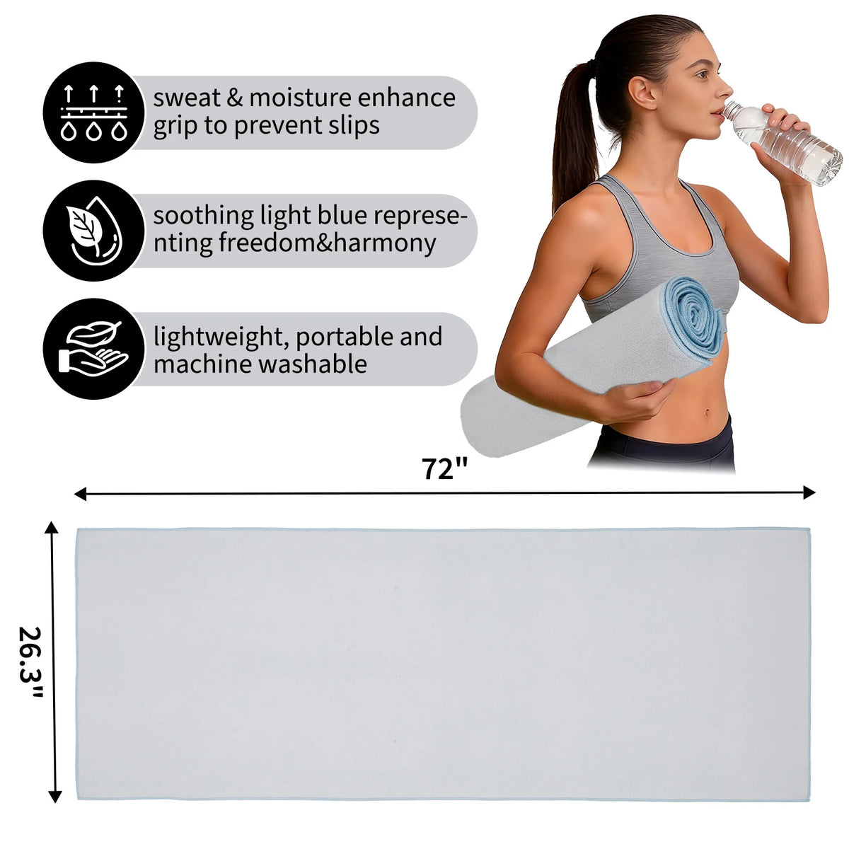 Non-Slip Microfiber Yoga Towel for Hot Yoga & Pilates Sweat Absorbent/Quick Dry Machine Washable Mat Cover, Ideal for Gym 183x67cm
