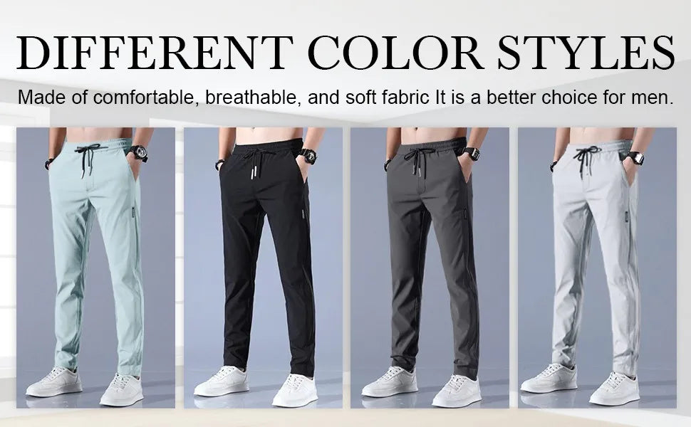 Men Fast Dry Stretch Pants Ice Silk Trousers Solid Color Mid-Waist/Loose Breathable Straight-Leg Casual Pants Thin Sports Pants