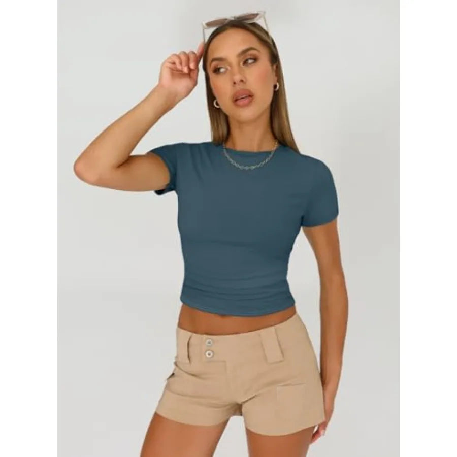 Women's 3 Pcs Short Sleeve Shirts Basic Going Out/Slim Fitted Crop Tops 2026 Summer Y2k Spring Clothes