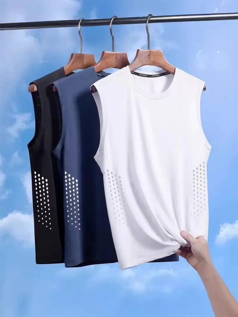 Men Summer Mesh Sleeveless Vest Ice Silk Printed Round Neck/Loose Running Fitness Tank Top Breathable Athletic