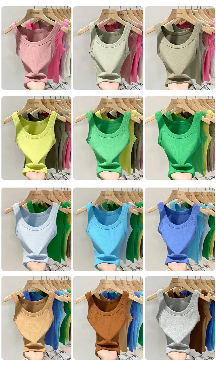 zjaiss Women Solid Round Neck Ribbed Tank Top Camisole Women/Summer Basic Elastic Tank Top O Neck Solid Tank Top
