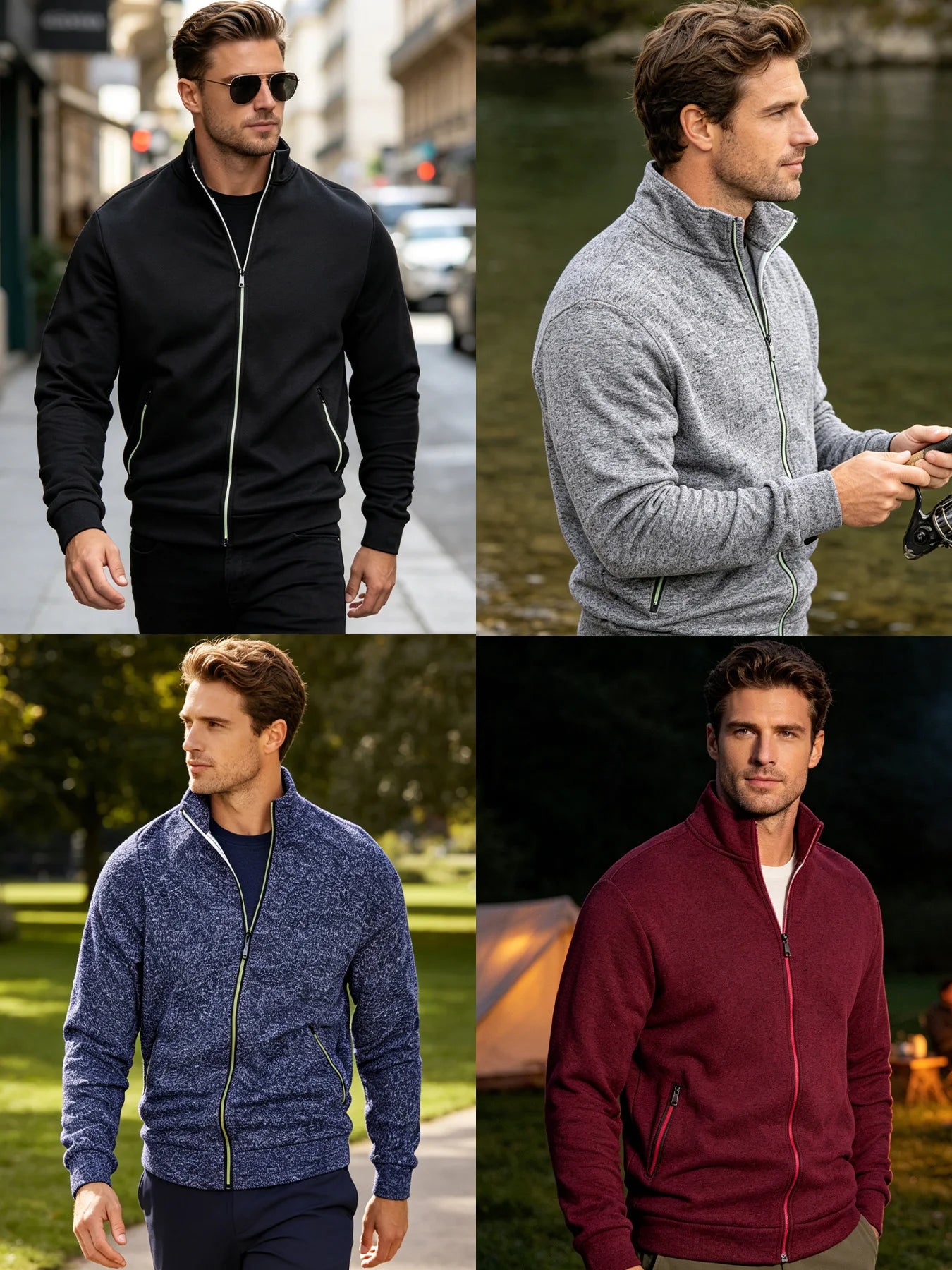 Men Running Track Jacket Contrast Trim Zip‑up Sports Coat Casual/Windproof Athletic Jacket Full Zip Stand Collar Workout Outerwear