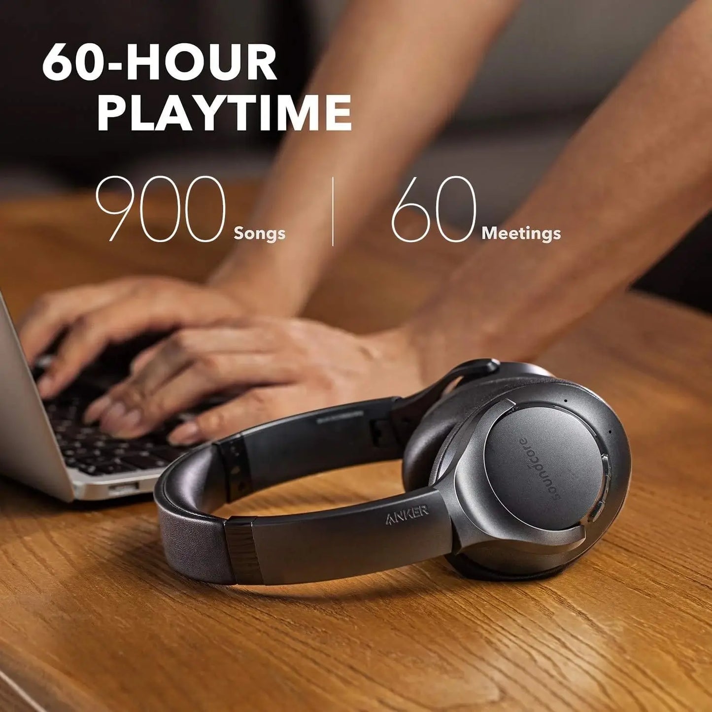 Hybrid Active Noise Cancelling Headphones 60H Playtime/Hi-Res Audio, Deep Bass Wireless Over Ear USB-C