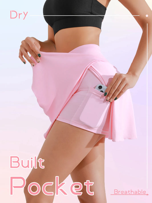 Summer Active Skort Women's High Waist Tennis Skirt with Built-in Shorts/Breathable Dry Fit Athletic Skirt with Pockets Pink