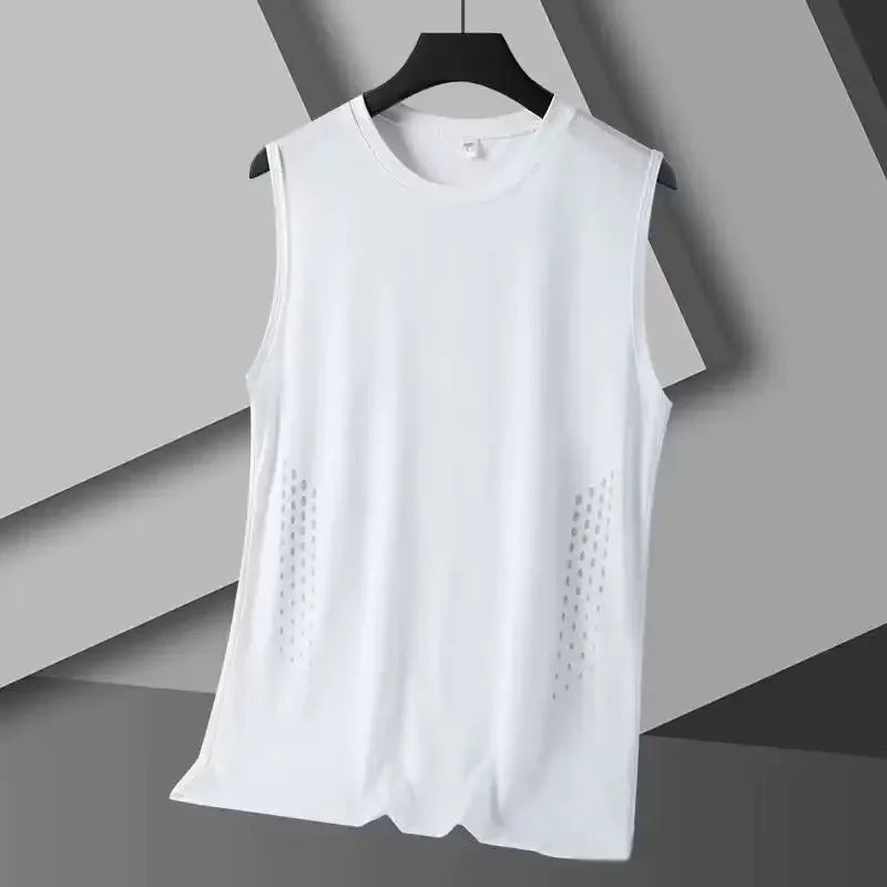 Men Summer Mesh Sleeveless Vest Ice Silk Printed Round Neck/Loose Running Fitness Tank Top Breathable Athletic