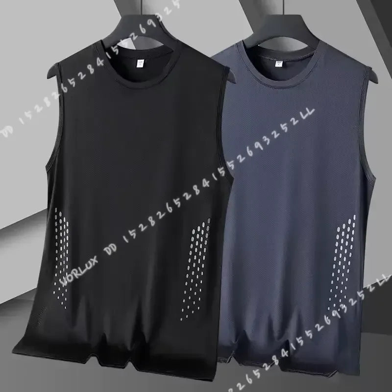 Men Summer Mesh Sleeveless Vest Ice Silk Printed Round Neck/Loose Running Fitness Tank Top Breathable Athletic