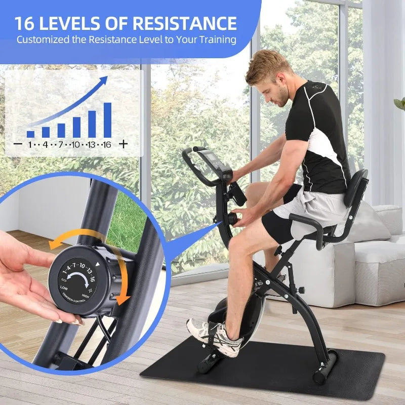 Foldable Exercise Bike Stationary Bike Sport 4 in 1 Indoor Cycling Bike/with 16 Level Magnetic Resistance Training