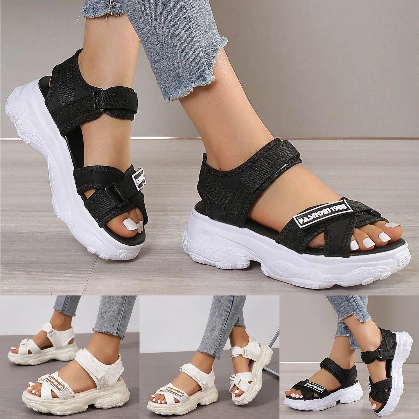 Women Sporty Sandals Polyester Ankle Strap Striped Pattern Shoes/Hook And Loop Fastener Sport Sandals Woman Sneakers