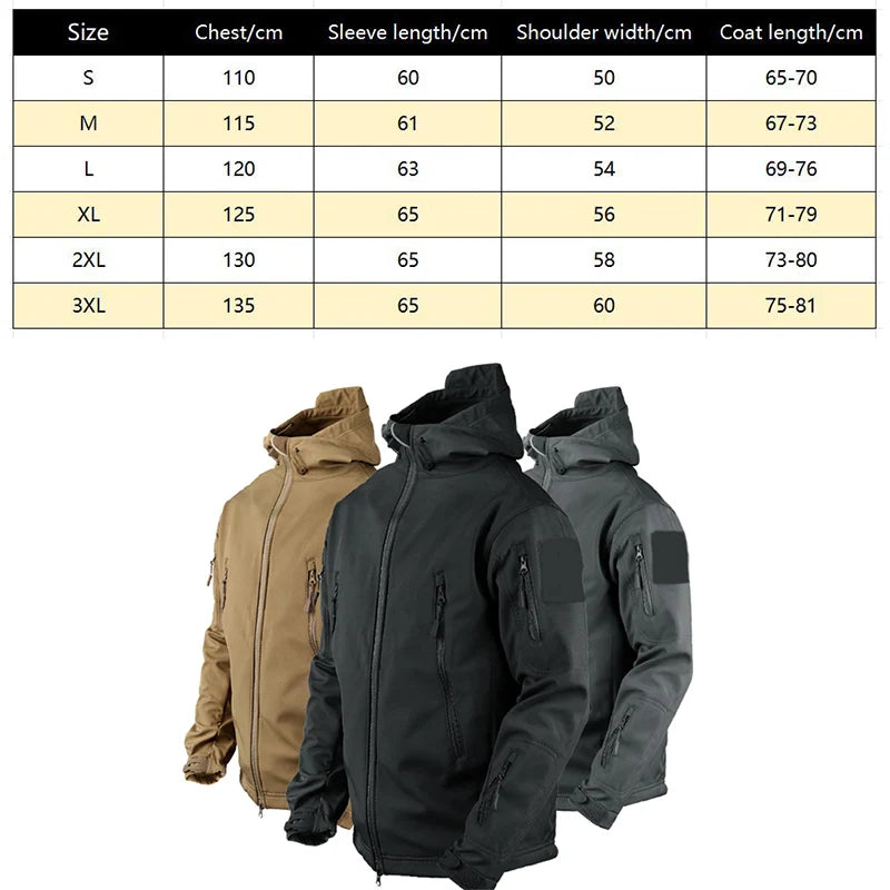 Men's Military Tactical Jackets Full Zip Shark Skin Soft Shell Tactical/Waterproof Windbreaker Outdoors Hiking Hooded Coat S-4XL