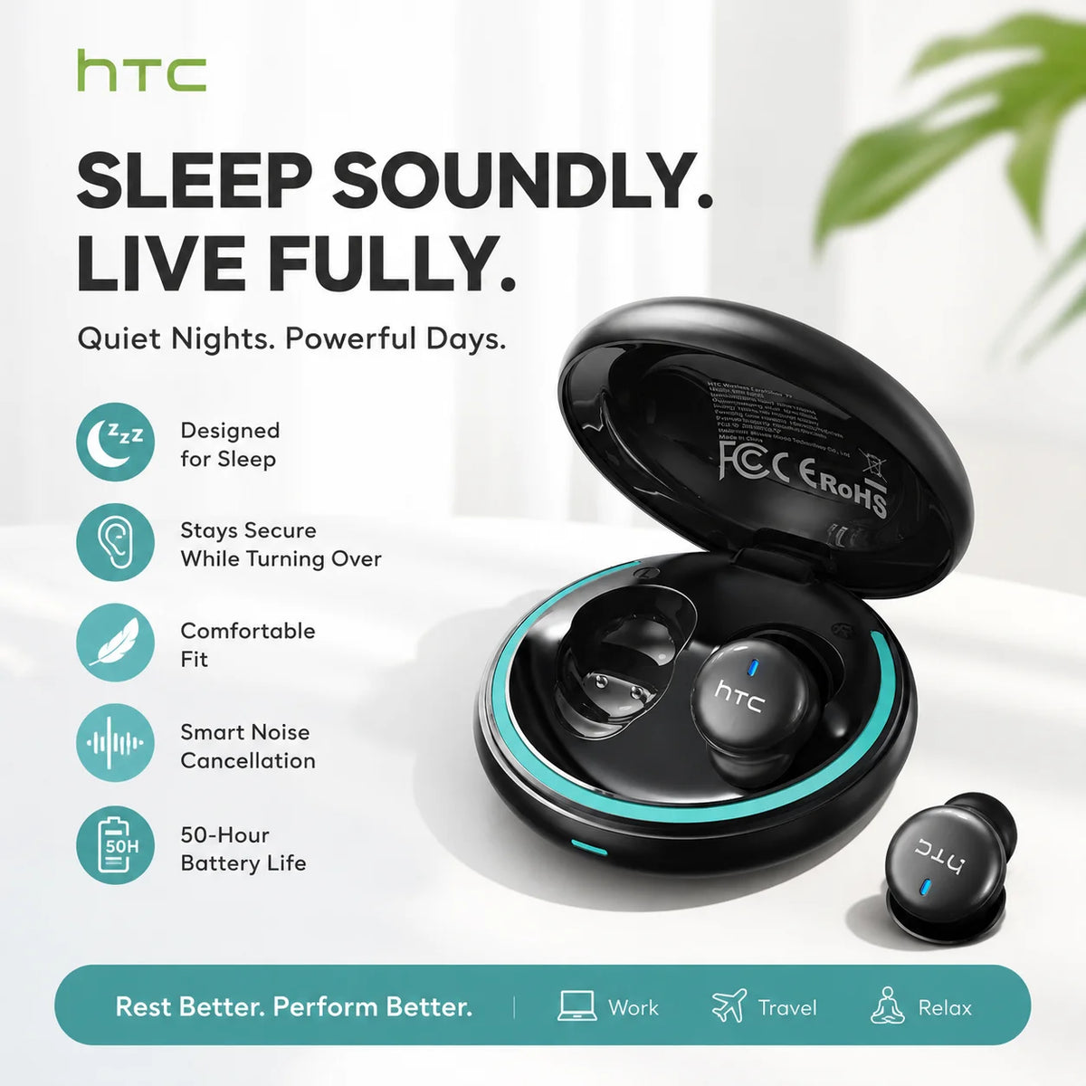 HTC NE92 Wireless Bluetooth 6.0 Sleep Earbuds In Ear Headphones/Mini Invisible Earbuds 30H Playtime Comfortable Secure Fit Earbud