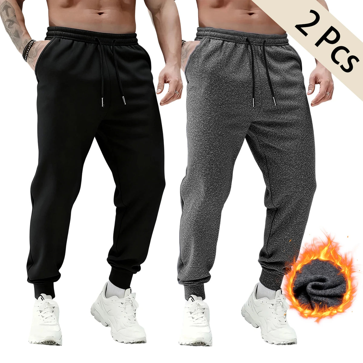 2Pcs In Set Men Fleece Lined Jogger Sweatpants Thick Warm Elastic Waist/Drawstring Tapered Pants Casual Athletic Winter Wear