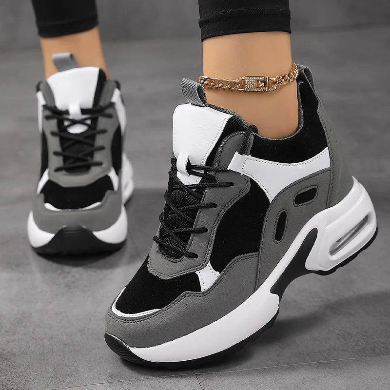 Women Air Cushion Sneakers Mix Color Height Increase Shoes/Outdoor Wedge Platform High Heels Lace-up Walking Shoes