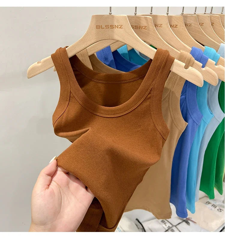 zjaiss Women Solid Round Neck Ribbed Tank Top Camisole Women/Summer Basic Elastic Tank Top O Neck Solid Tank Top