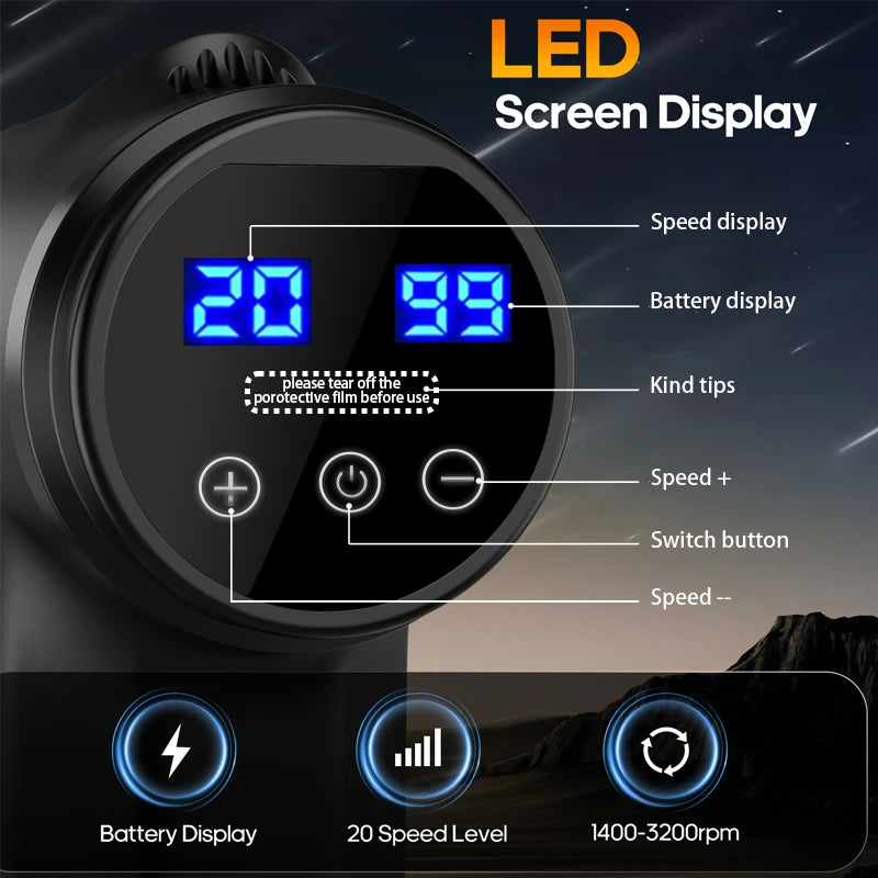 LINGTENG Deep Tissue Massage Gun, Portable Electric Muscle Massager 20‑Speed Levels/7 Massage Heads 1800mAh Rechargeable Battery