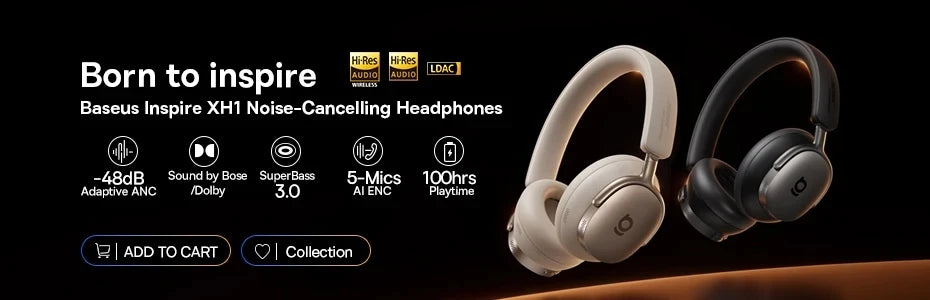 Baseus Bass Wireless Headphones Bluetooth 6.0 98% Noise Canceling/Over Ear Headset Spatial Audio Earphone 80H Time