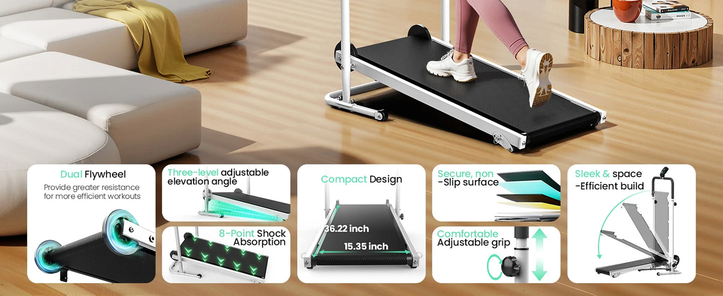 AKLUER Foldable Compact Non-Electric Treadmill/Dual Flywheel & Fixed Incline LCD Monitor, Non-Slip Belt, Soft Foam Grips for Home Gym