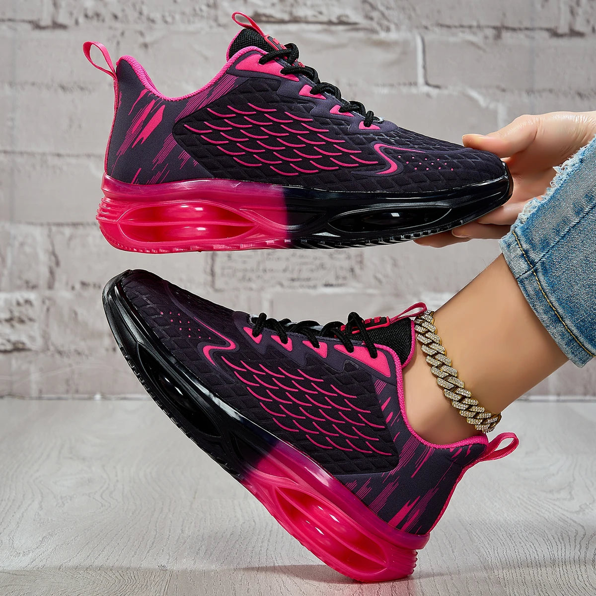 Women Gradient Scale Pattern Air Cushion Sneakers Breathable/Flying Weave Mesh Shock Absorb Non Slip Lace Up Running Shoes