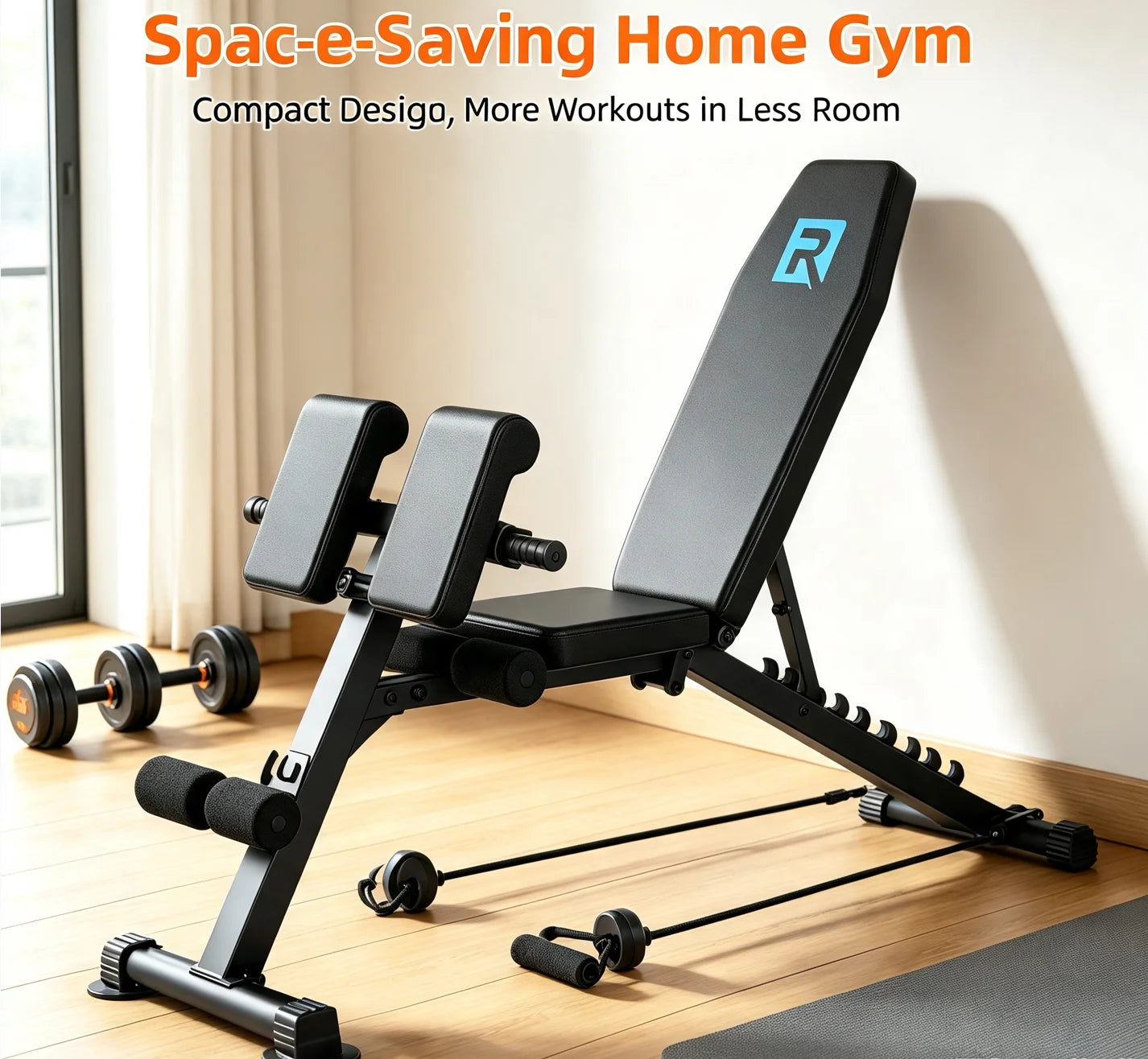 All-in-One Home Gym Roman Fitness Bench Commercial Grade/Stable Triangle Support 2 Pull Resistance Bands Non-Slip Bench