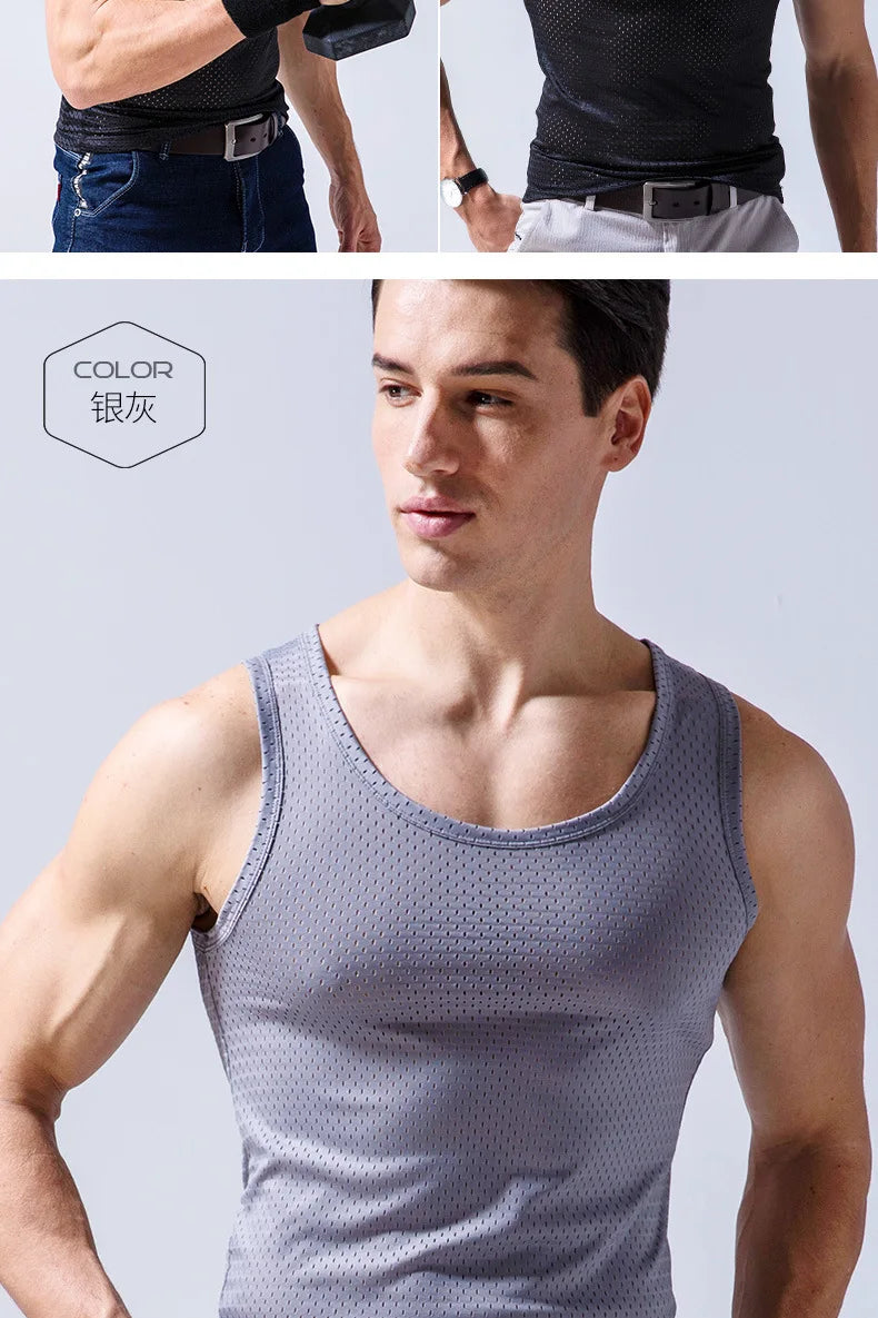 Men's Ice Silk Mesh Tank Tops Gym Stringer Transparent Bodybuilding/Sleeveless Shirt Fitness Vest Male mesh Muscle Shirt