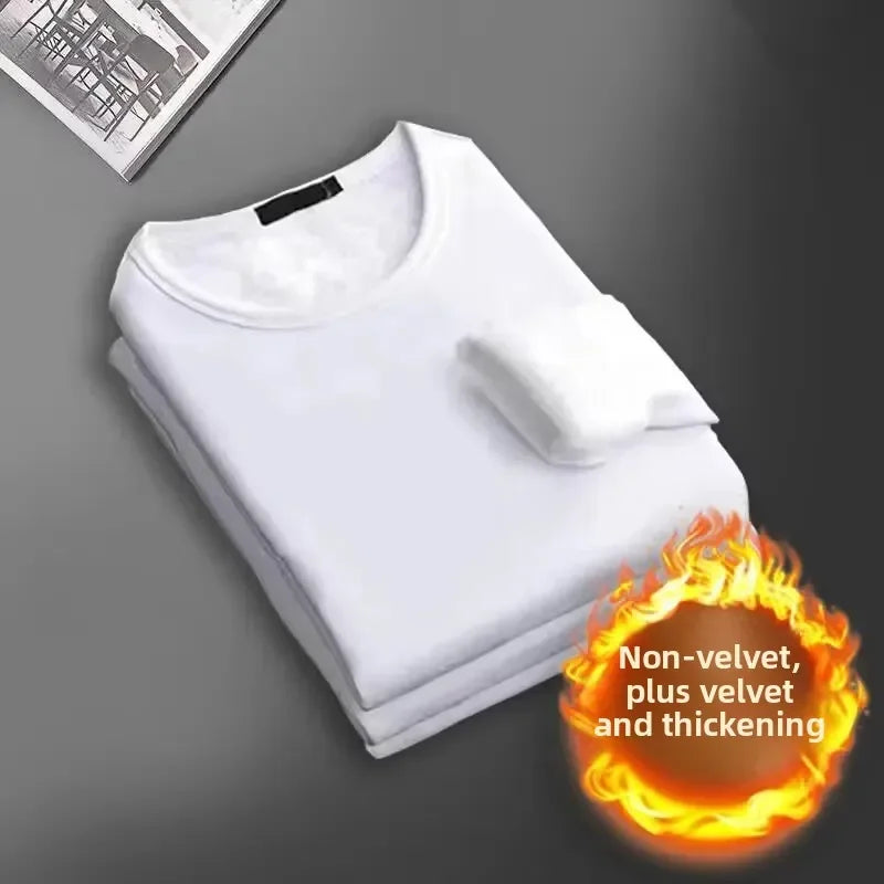 Men's Long Sleeve Thermal Underwear Fleece Lined Thick T-Shirt/round Neck Slim Fit Base Shirt Pure Color Inner Wear Autumn Top