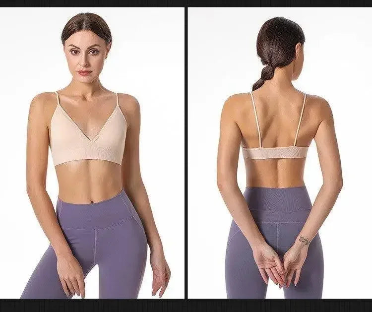 Women V Neck Seamless Triangle Cup Bra Camisole Breathable Gather Up/Chest Wrapped Underwear for Sports Fitness Yoga Casual