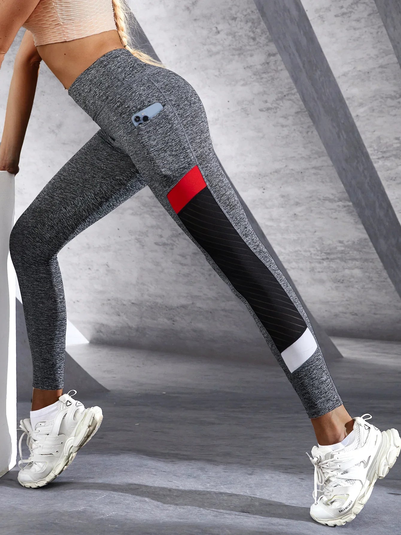 Color blocked Mesh High Waist Yoga Pants with Side Pockets/Leggings for Women Tummy Control Workout Shaping Leggings