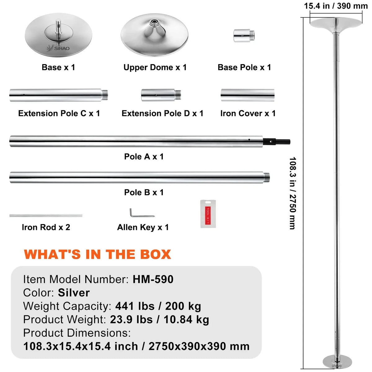 SIHAO Stainless Steel Dance Pole Kit Height Adjustable Spinning & Static Pole/Portable Dance Fitness Equipment for Home