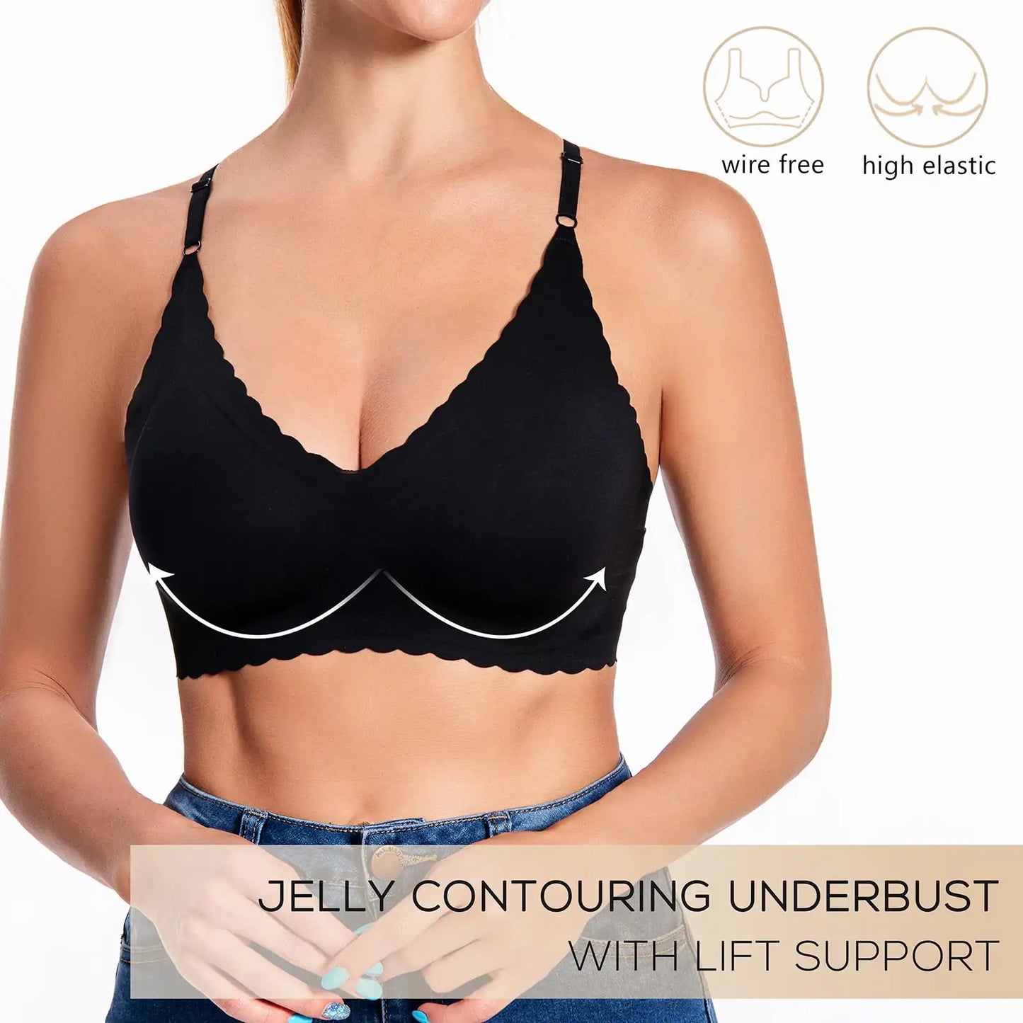 5pcs Floral Wavy Backless Push-Up Bra Deep V U-Shape Adjustable Straps Seamless Wireless Padded Lift Comfy Smoothing