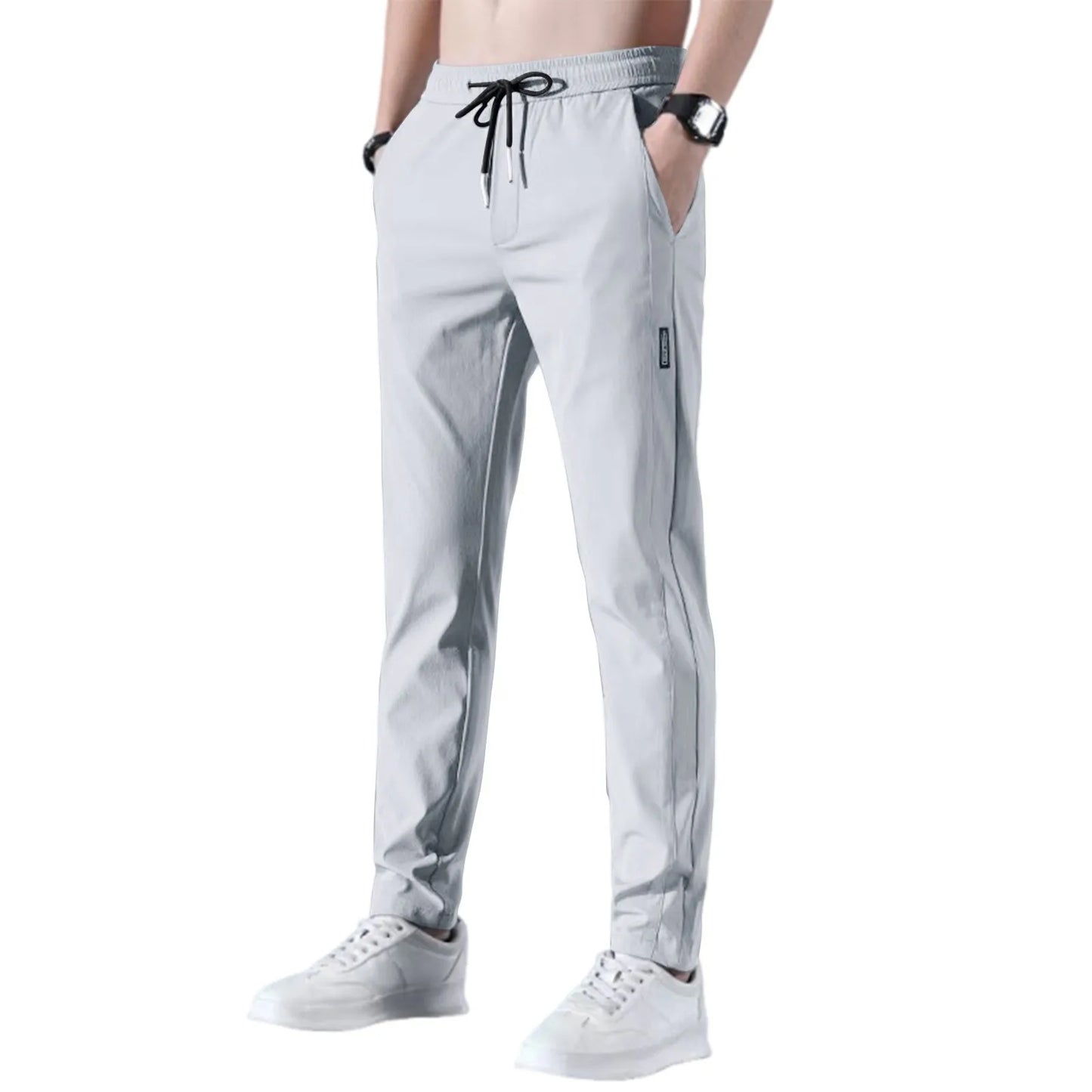 Men Fast Dry Stretch Pants Ice Silk Trousers Solid Color Mid-Waist/Loose Breathable Straight-Leg Casual Pants Thin Sports Pants