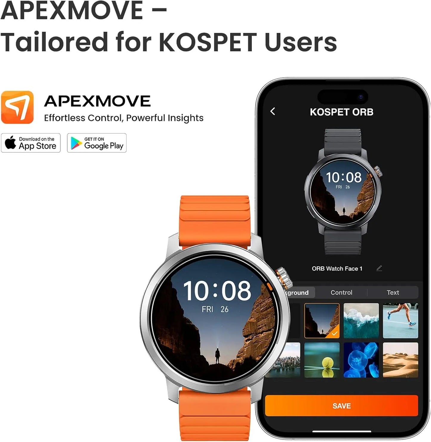 KOSPET ORB Smart Watch For Men Women Lightweight Design Waterproof/Bluetooth Call 8 Apex Motion Sport Modes 180 Training Modes