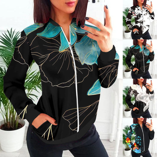 Womens Casual Daily Jackets Lightweight Zip Up Casual Jacket/Floral Print Coat Stand Collar Short Sports Jacket Women