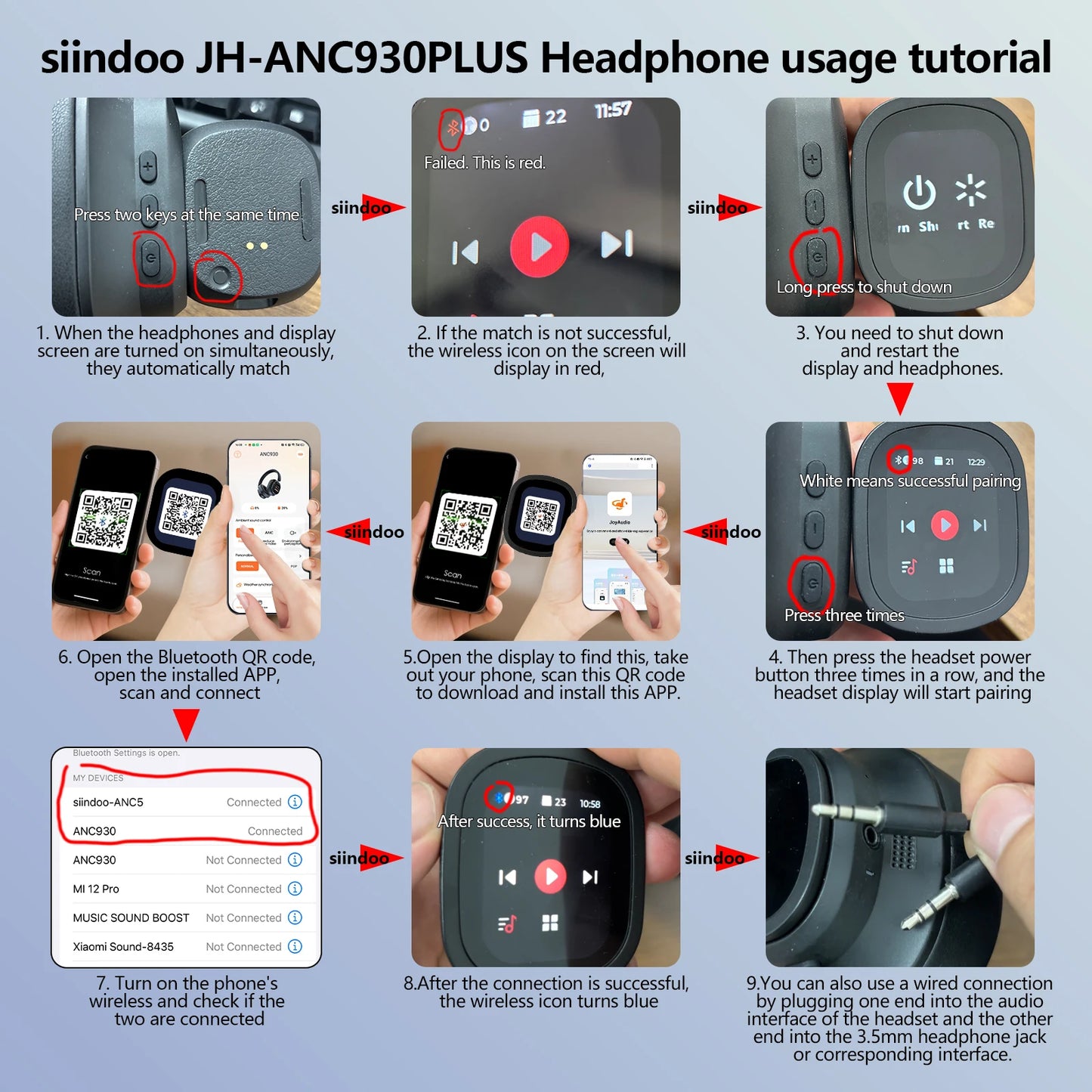 Siindoo JH-ANC930Plus Hybrid Wireless Headphone Active Noise Cancelling Headphones/With Multi Magnetic Touch Control LED Screen