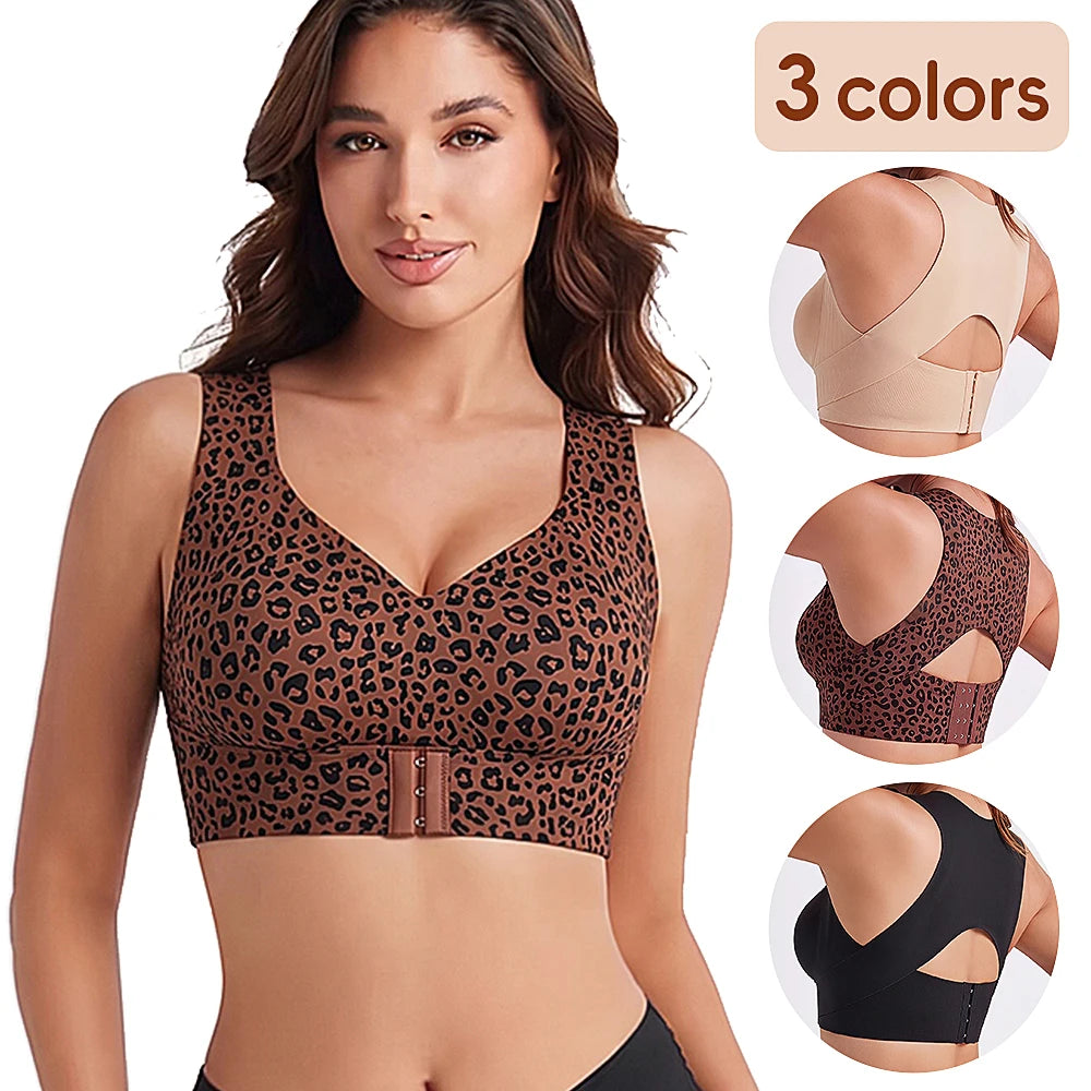 Women Wireless Posture Bra, Front Closure Cross Back Design/Wide Strap Full Coverage Back Support Comfort Daily Underwear