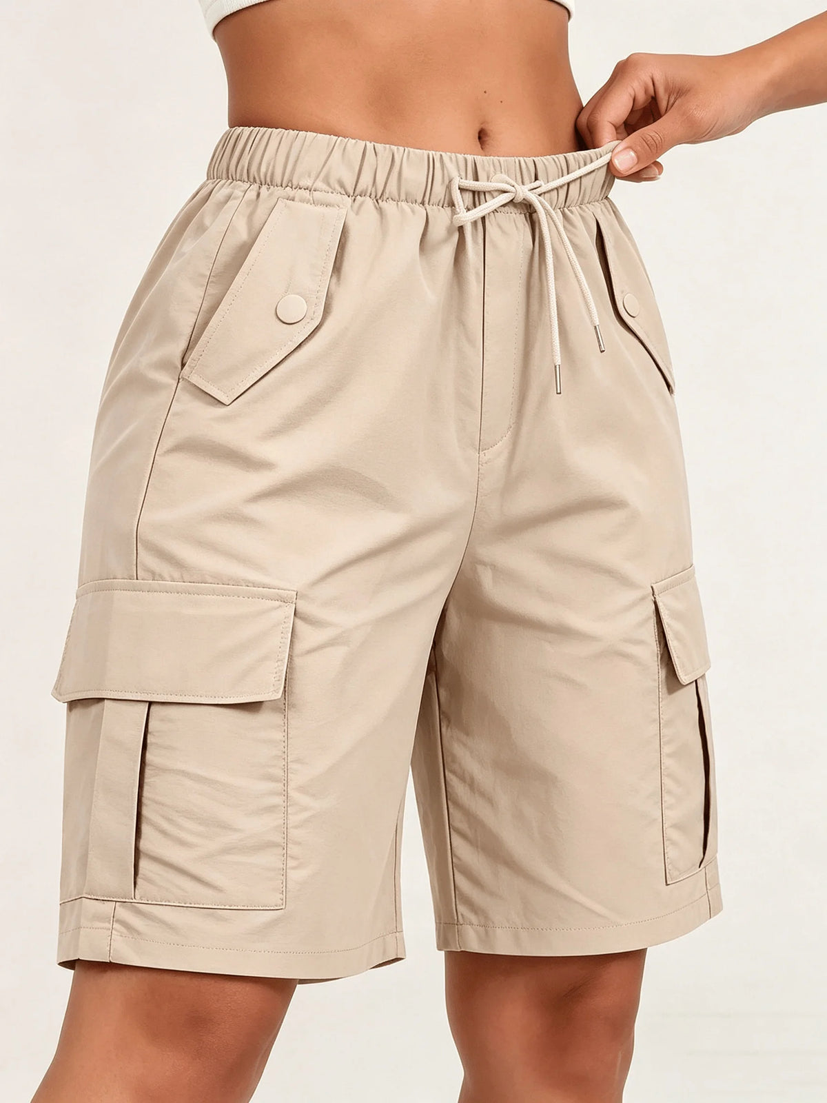 3pcs Women's Cargo Bermuda Shorts Elastic Drawstring Waist/Lightweight Loose Fit Multi Pocket Casual Summer Shorts
