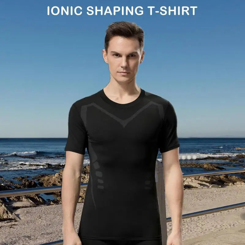 Tight Sleeve T Shirts Men Ionic Shaping Tight Workout Shirt/Quick Drying Compression Short Sleeve High Elastic T-Shirt